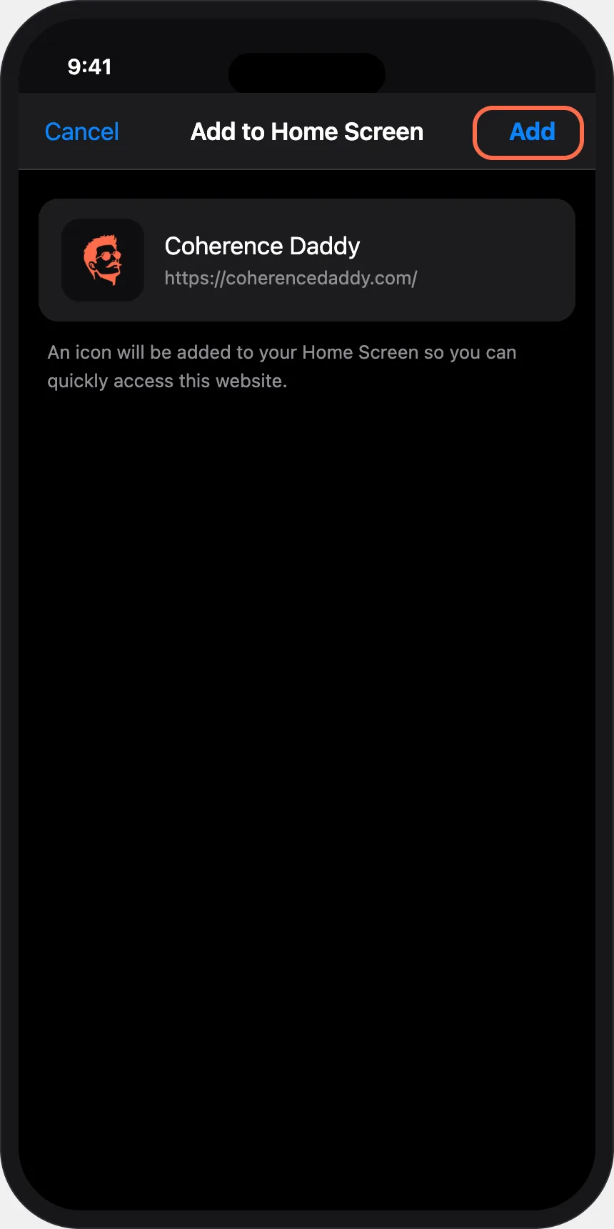 The Add to Home Screen confirmation with the "Add" button highlighted in the top right corner