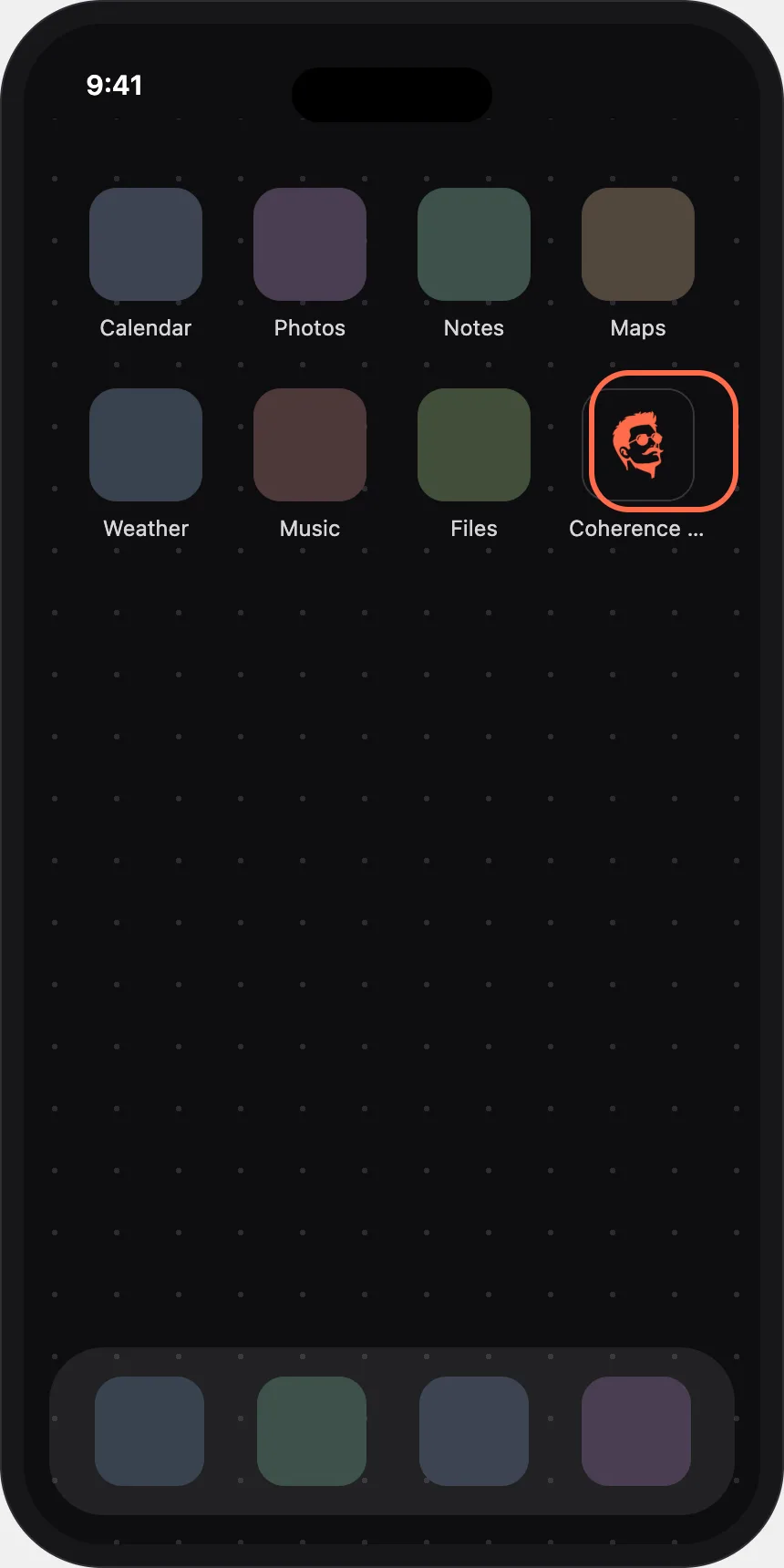 An iPhone home screen with the Coherence Daddy icon highlighted